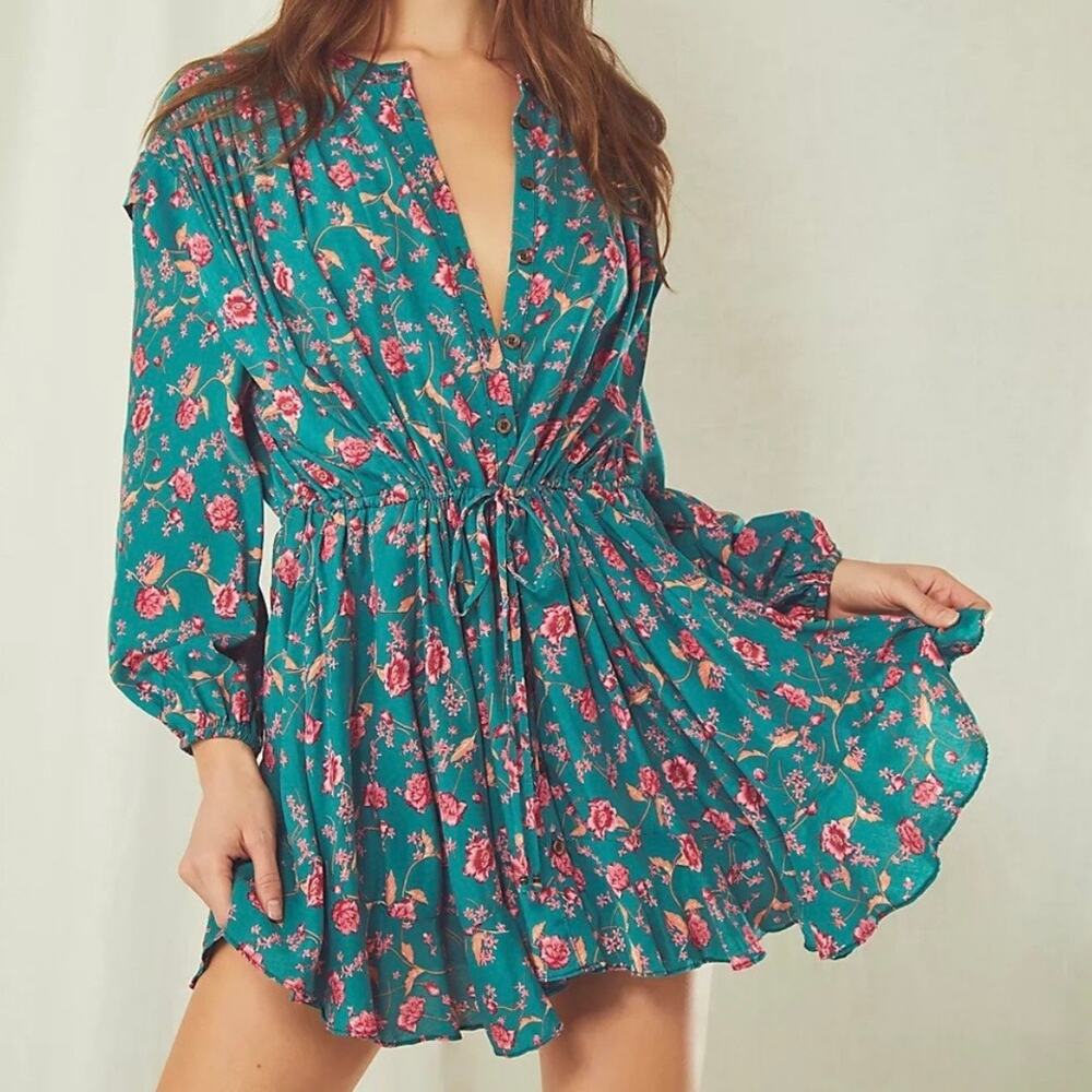 Free People Green Mini Dress Oversized Long Sleeve Flower Fields Tunic Top XS